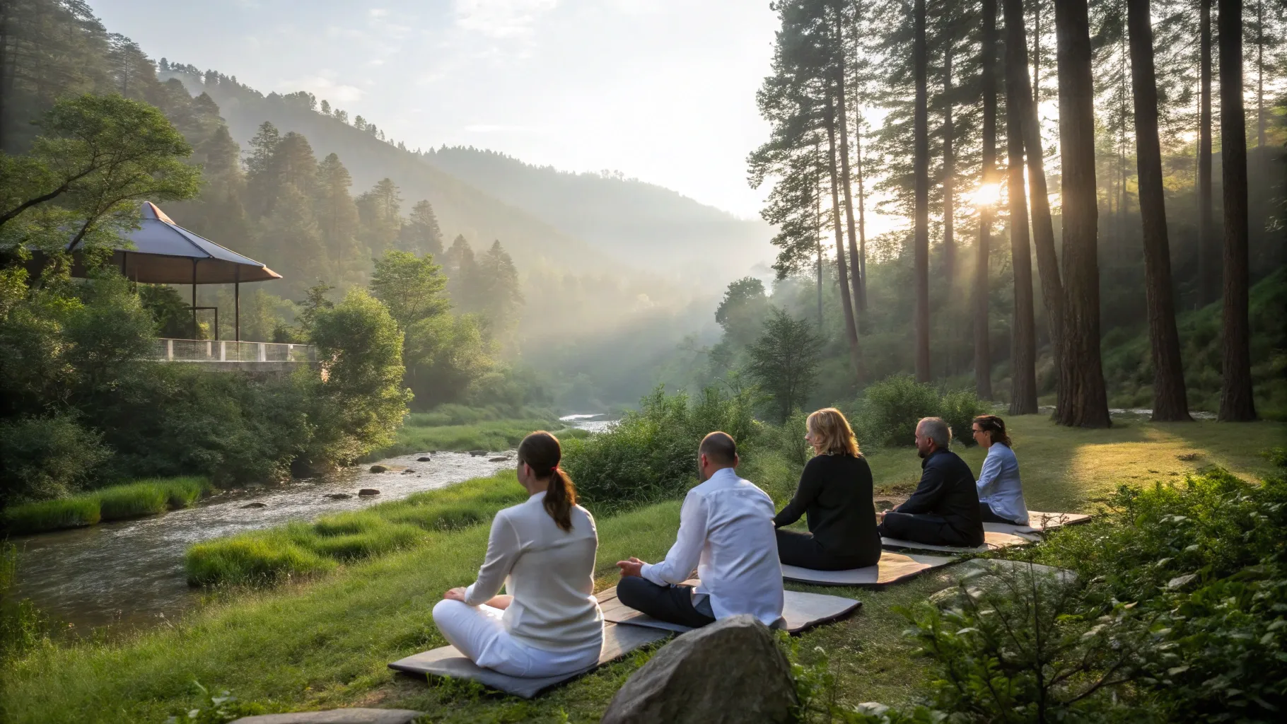 Group meditation session at a corporate longevity retreat in the Bali highlands