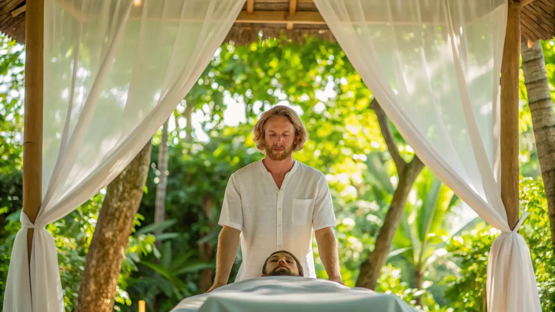 Holistic bodywork therapy in an open jungle pavilion in Bali
