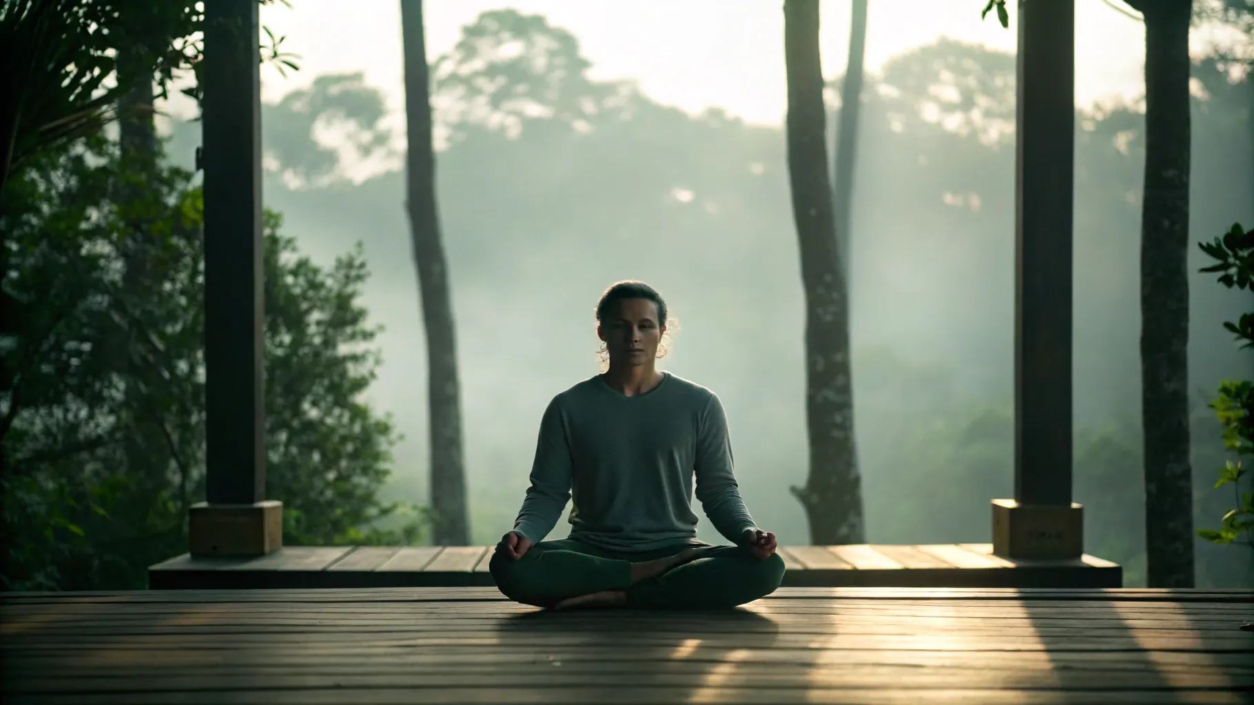 Solitary morning meditation in the misty forest of central Bali