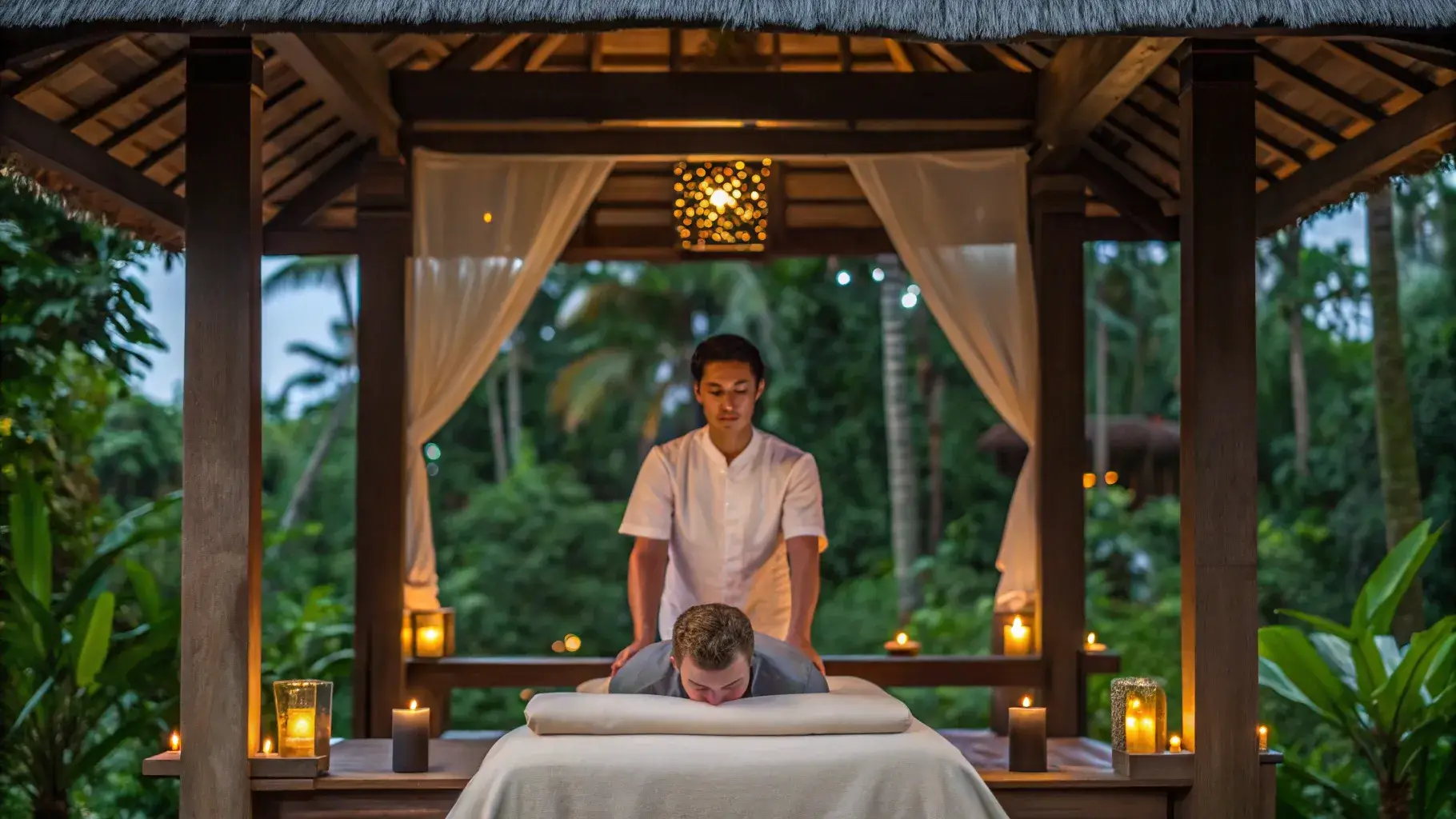 Evening therapy pavilion at a luxury longevity retreat in Bali