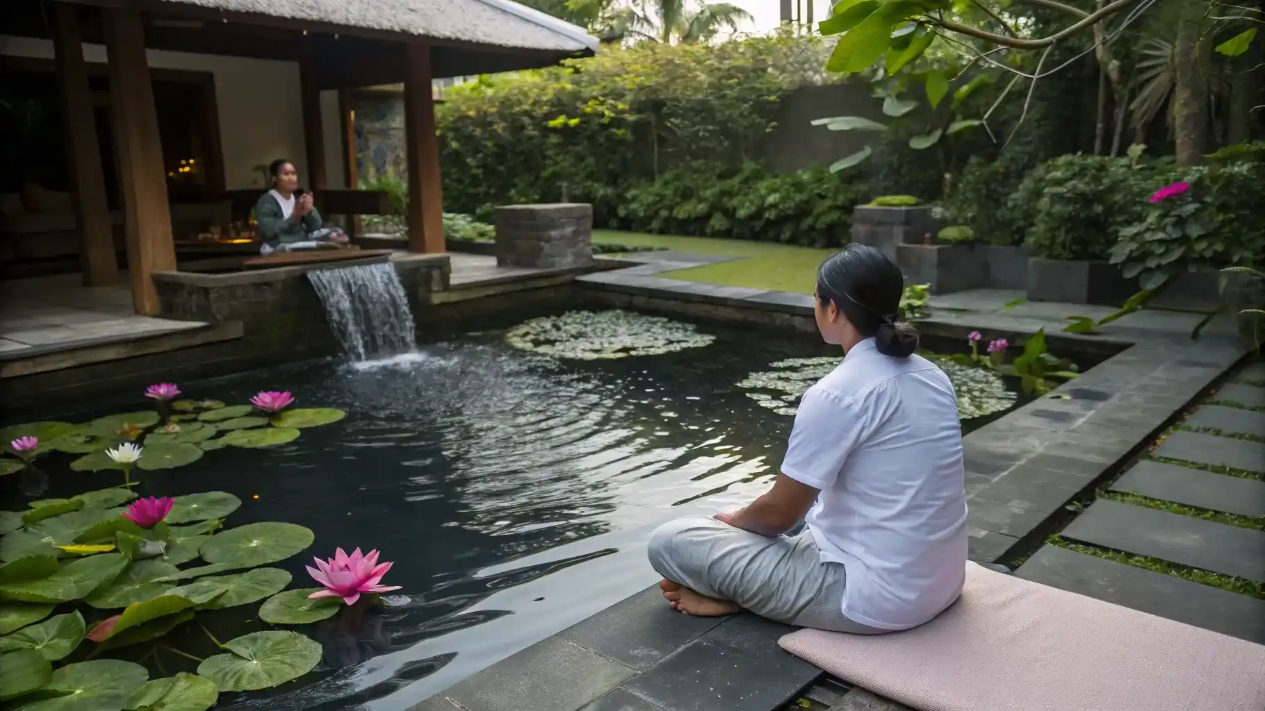 Quiet meditation beside a lotus water garden in Bali