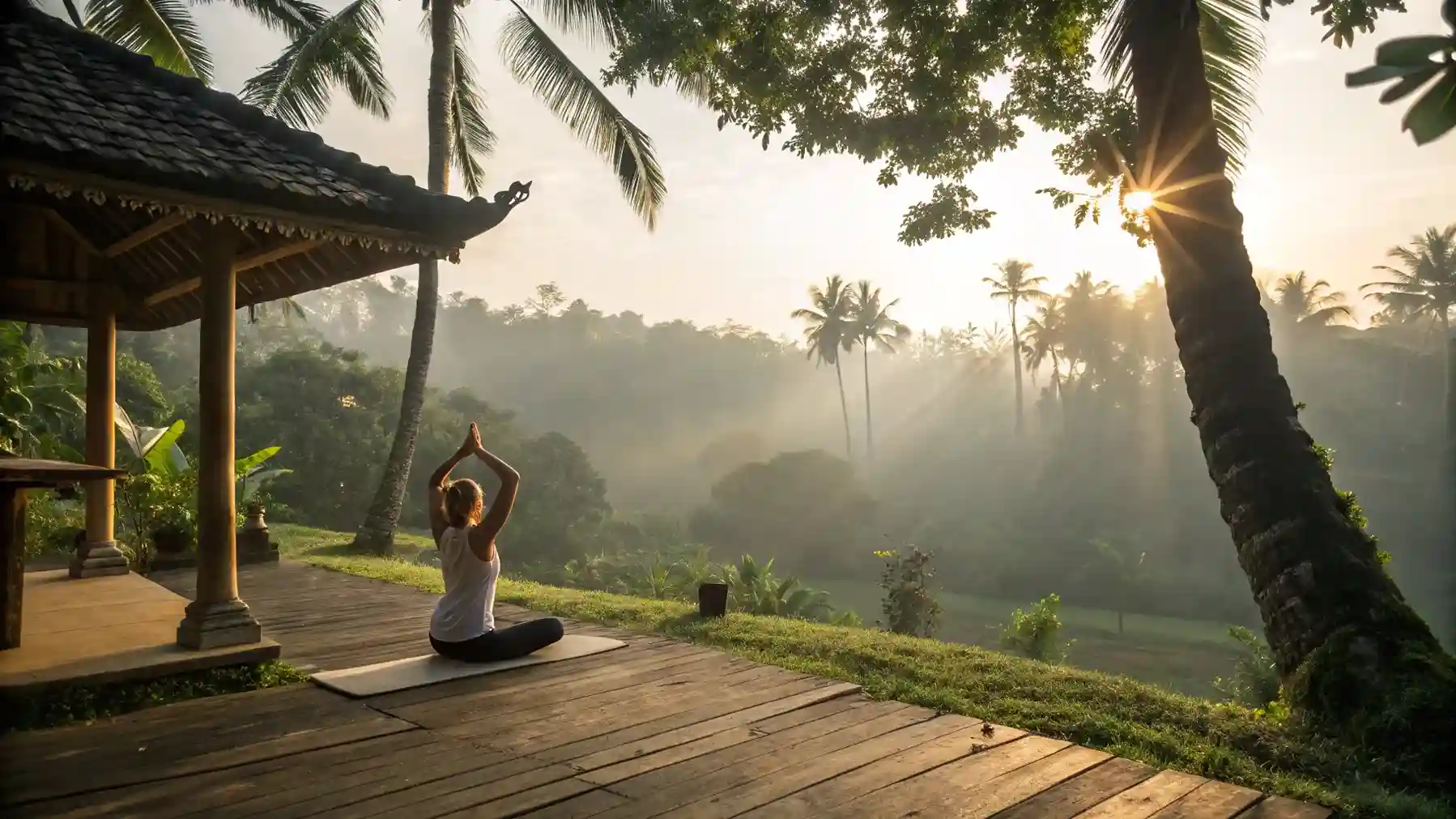 Sunrise yoga on a jungle deck in Ubud, Bali